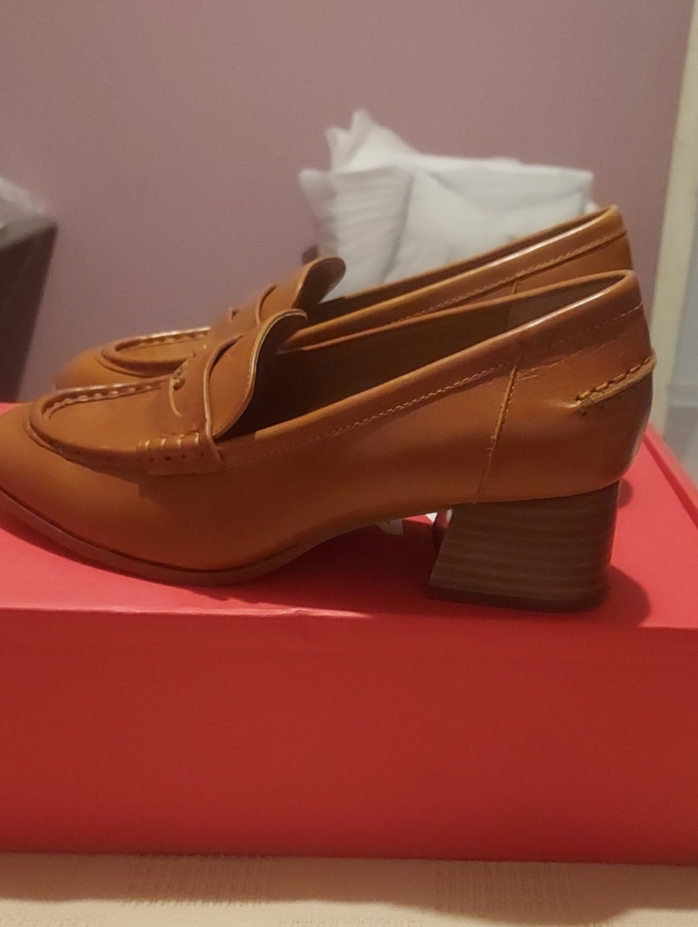 Vince Camuto Cognac Penny Loafers with Low Block Heel